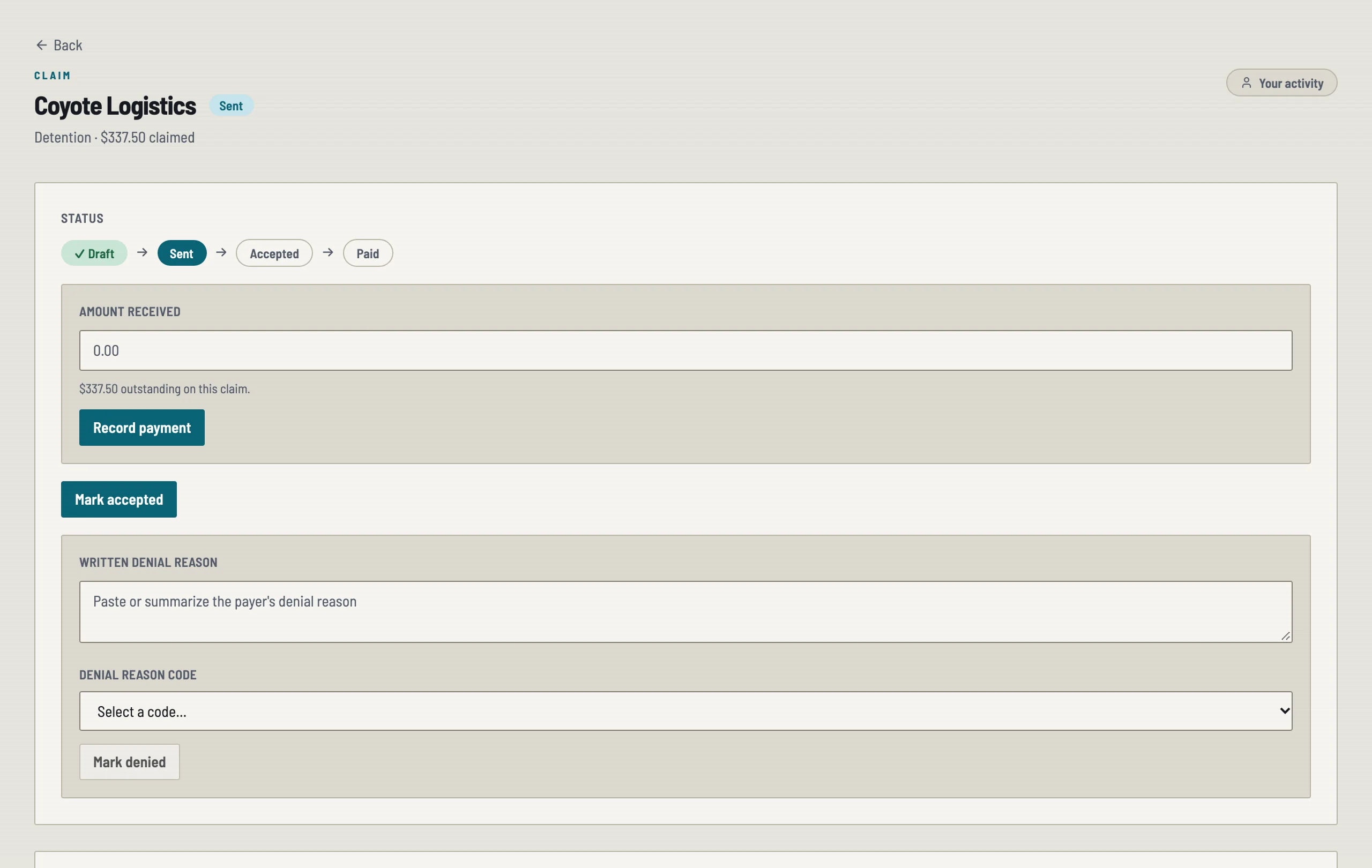 detentioniq claim detail for Coyote Logistics, status Sent, $337.50 claimed