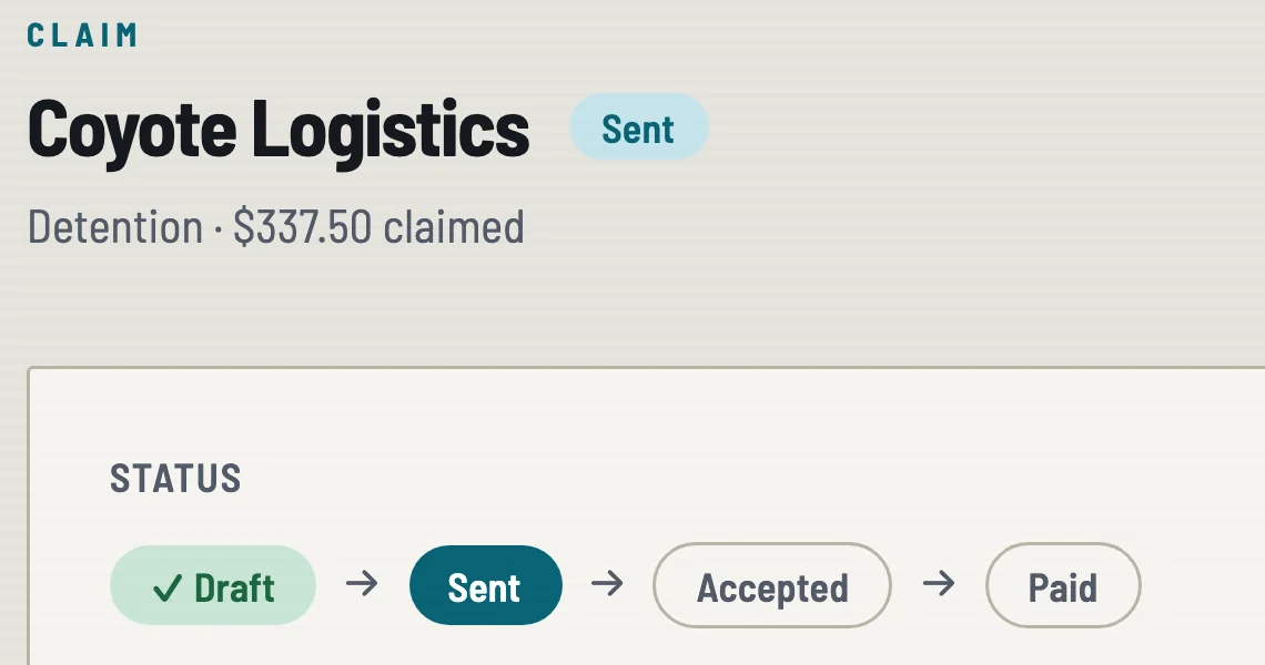 Claim for Coyote Logistics, $337.50, status Sent