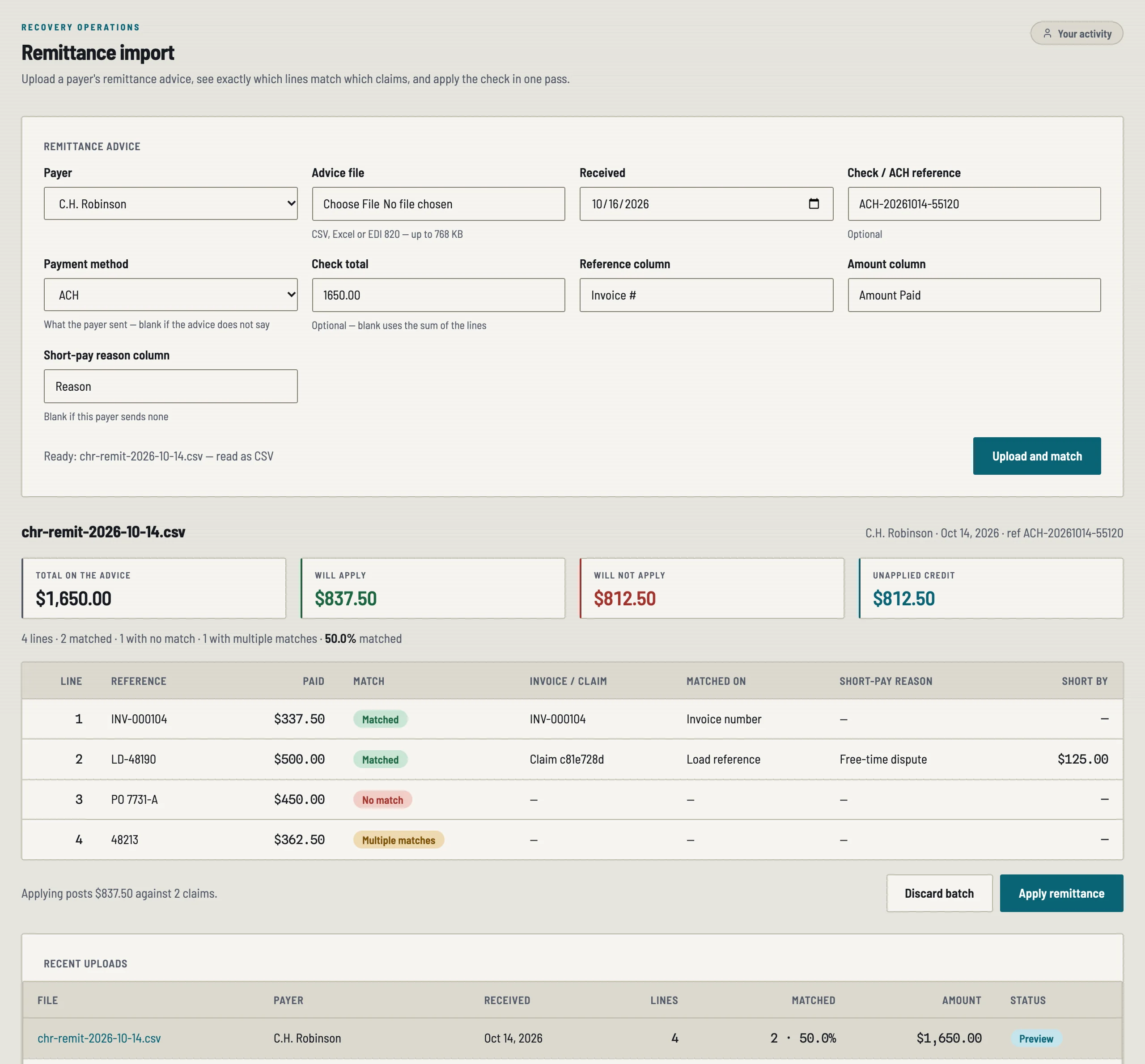 detentioniq remittance import with line INV-000104 for $337.50 matched to its invoice