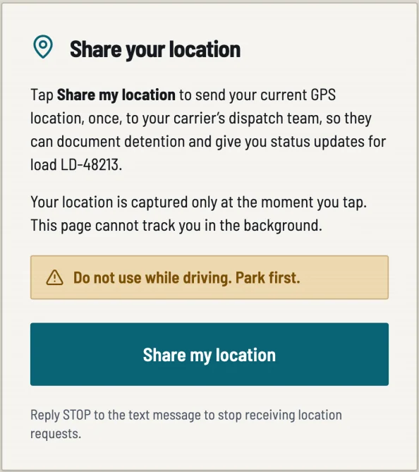 The driver's Share your location page